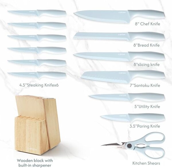 CAROTE 15Piece Knife Set, Kitchen Knife Block Set, Elegant Ceramic-Coated Blades with Stylish Wooden Block for Modern Culinary Excellence, Blue - Image 3