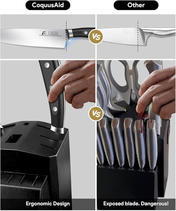 Knife Set, Kitchen Knife Block Sets with Sharpener, 6 Steak Knife Set Serrated with Block, 15 PCS Forged German Stainless Steel Rust Proof Knives, Dishwasher Safe Black, New Beveled Design - Image 6