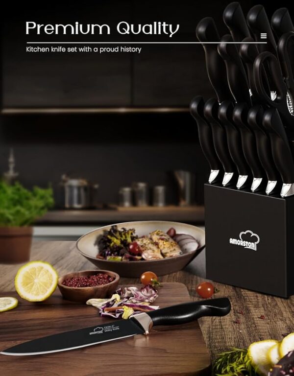 Knife Set, Amorston 15 Pieces Knife Sets for Kitchen with Block, Dishwasher Safe Kitchen Knife Set with Built in Sharpener Block, German Stainless Steel Knife Block Set, Black - Image 3