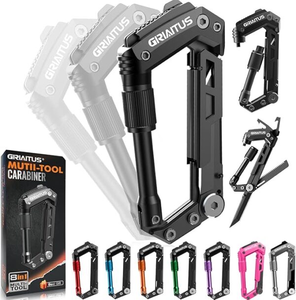 Carabiner Multitool 8-in-1 EDC Carabiners Pocket Knife, Serrated Knife, Rope Cutter, Screwdriver, Can Bottle Opener, Ruler, Survival Gear for Camping Climbing, Christmas Gifts for Men Women (Black) - Image 2