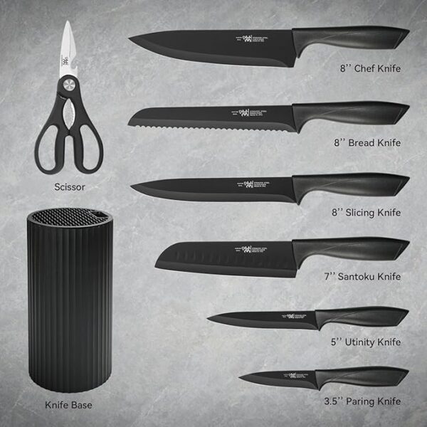 Knife Set, 8-Piece Kitchen Knife Set for Chef, Sharp Knife Set with Universal Knife Block, Anti-Rust Kitchen Knife Block Set, Ergonomical Design (Black) - Image 3