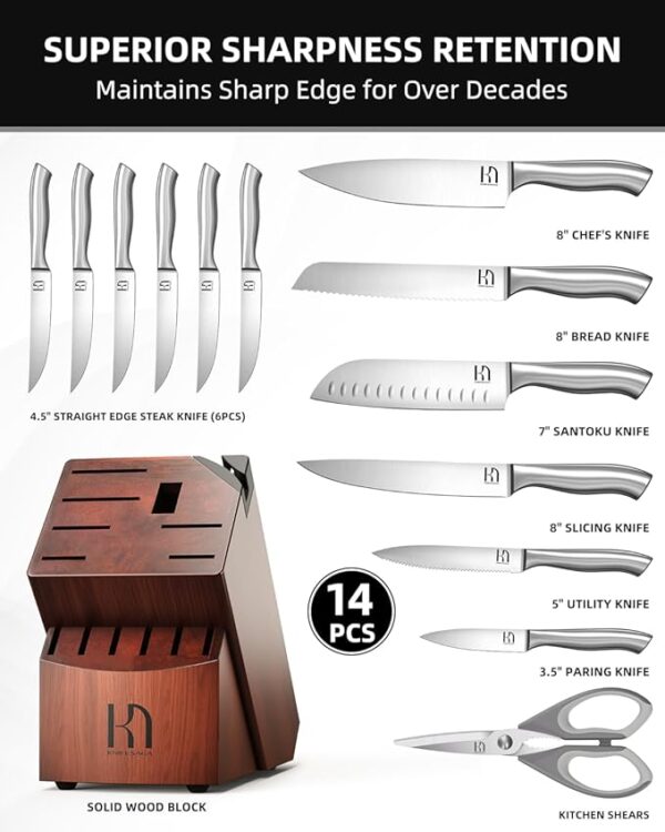 Kitchen Knife Block Set, Enduring Sharpness Premium Knife Set with Block, 14 Pcs Japanese High Carbon Stainless Steel Knives Set for Kitchen, Chef Knife Set with Block and Built in Sharpener - Image 6