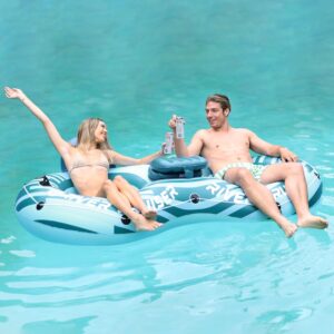 River Tube Floats for Adults Heavy Duty Pool Floats Inflatable Water Tube with Cup Holeder, Drink Cooler and Mesh Bottom Backrest (2 Pack Single/Double)