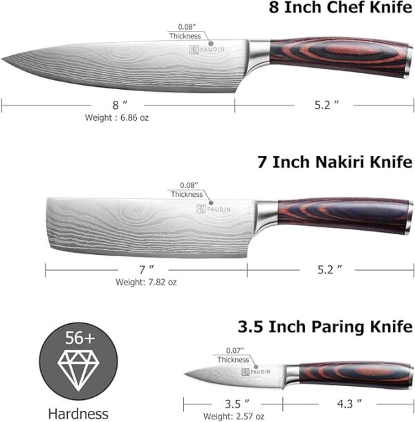 PAUDIN Kitchen Knife Set, 3 Piece High Carbon Stainless Steel Professional Chef Knife Set with Ultra Sharp Blade & Wooden Handle (Kitchen Knife Set 3 Pcs) - Image 3
