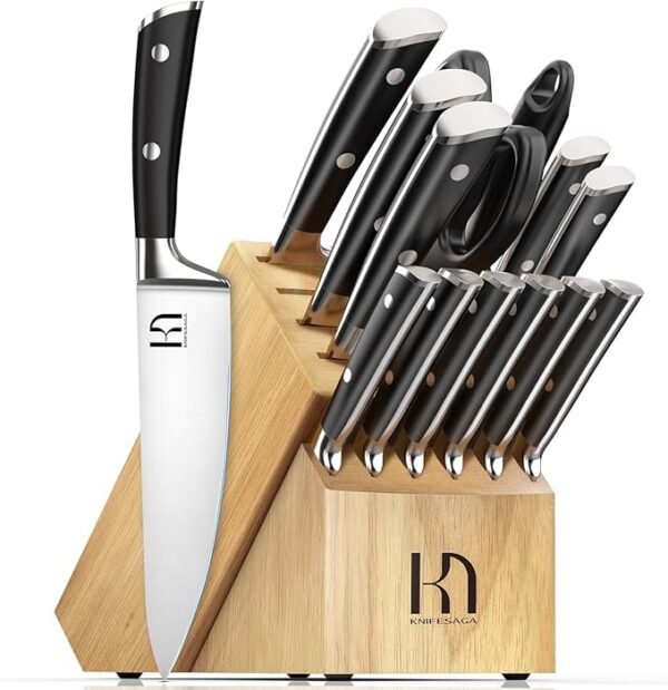 Knife Set with Block Premium, Japanese 15 Piece Ultra Sharp High Carbon Stainless Steel Kitchen Knives set with Sharpener, Professional Knife Block Set with Ergonomic Handle for Home Chefs - Image 2