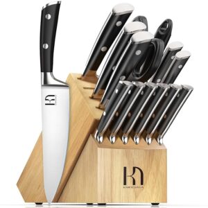 Knife Set with Block Premium, Japanese 15 Piece Ultra Sharp High Carbon Stainless Steel Kitchen Knives set with Sharpener, Professional Knife Block Set with Ergonomic Handle for Home Chefs