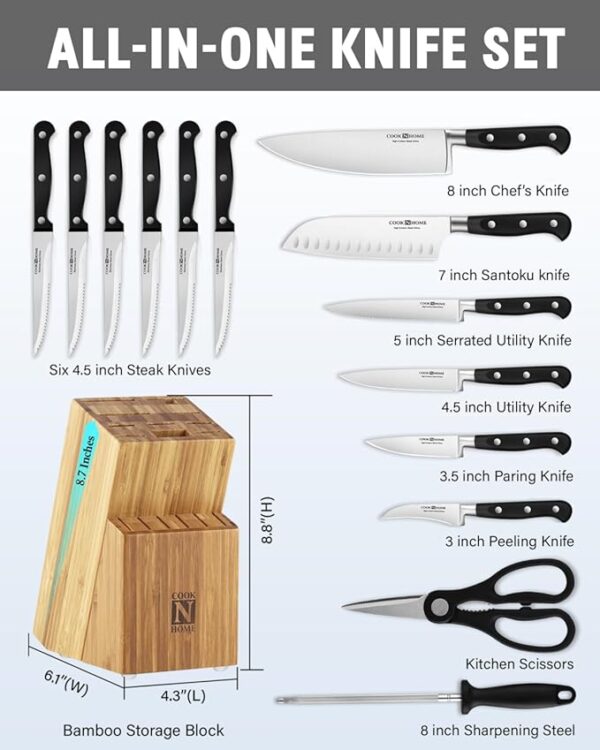 Cook N Home Kitchen Knife Set with Bamboo Storage Block 15-Piece, High Carbon Stainless Steel Blade, Black - Image 3