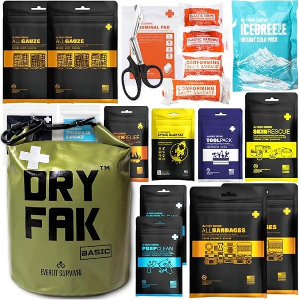 EVERLIT 290 Pc Waterproof First Aid Kit Dry FAK Medical Kit Emergency Survival Kit for Boat, Backpacking, Hiking, Fishing, Travel, Kayaking (Orange) (OD Green) - Image 2