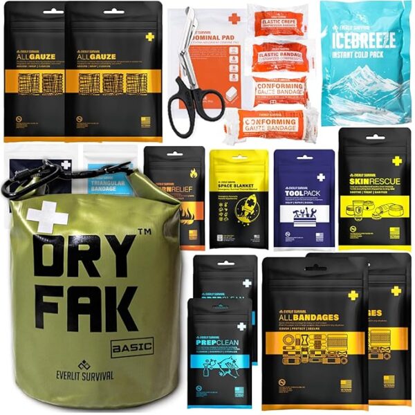 EVERLIT 290 Pc Waterproof First Aid Kit Dry FAK Medical Kit Emergency Survival Kit for Boat, Backpacking, Hiking, Fishing, Travel, Kayaking (Orange) (OD Green)