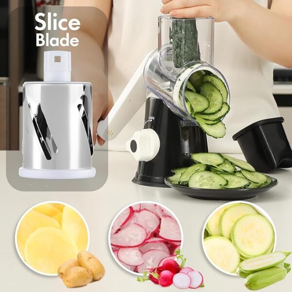 Cheese Grater Hand Crank, Rotary Vegetable Shredder with Handle and Strong Suction base, 3 in 1 Kitchen Speed Spin Veggie Slicer Nut Grinder for Pizza Top, Hash brown, Salad and More (Black) - Image 5