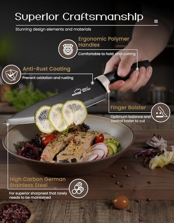 Knife Set, Amorston 15 Pieces Knife Sets for Kitchen with Block, Dishwasher Safe Kitchen Knife Set with Built in Sharpener Block, German Stainless Steel Knife Block Set, Black - Image 4
