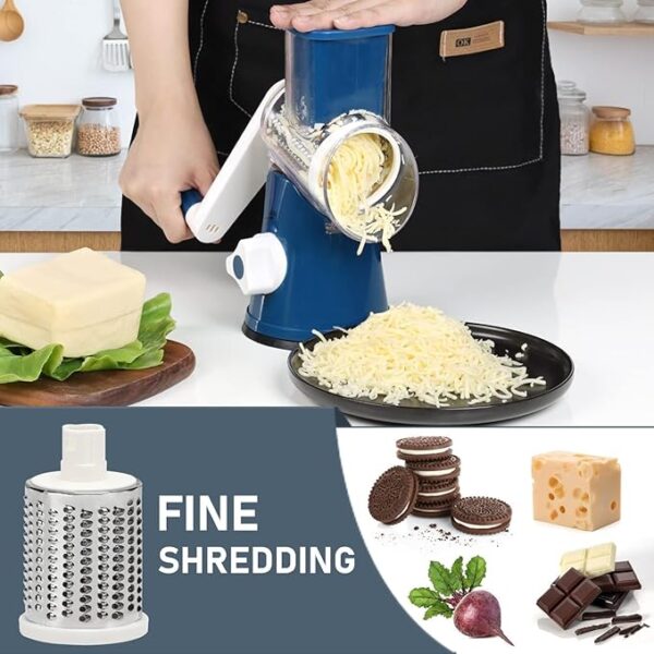 KEOUKE Rotary Cheese Grater with Handle - 3 Changeable Blades for Cheese, Vegetables, Nuts - Blue - Image 3