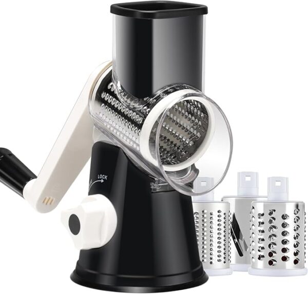 Cheese Grater Hand Crank, Rotary Vegetable Shredder with Handle and Strong Suction base, 3 in 1 Kitchen Speed Spin Veggie Slicer Nut Grinder for Pizza Top, Hash brown, Salad and More (Black) - Image 2