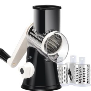 Cheese Grater Hand Crank, Rotary Vegetable Shredder with Handle and Strong Suction base, 3 in 1 Kitchen Speed Spin Veggie Slicer Nut Grinder for Pizza Top, Hash brown, Salad and More (Black)
