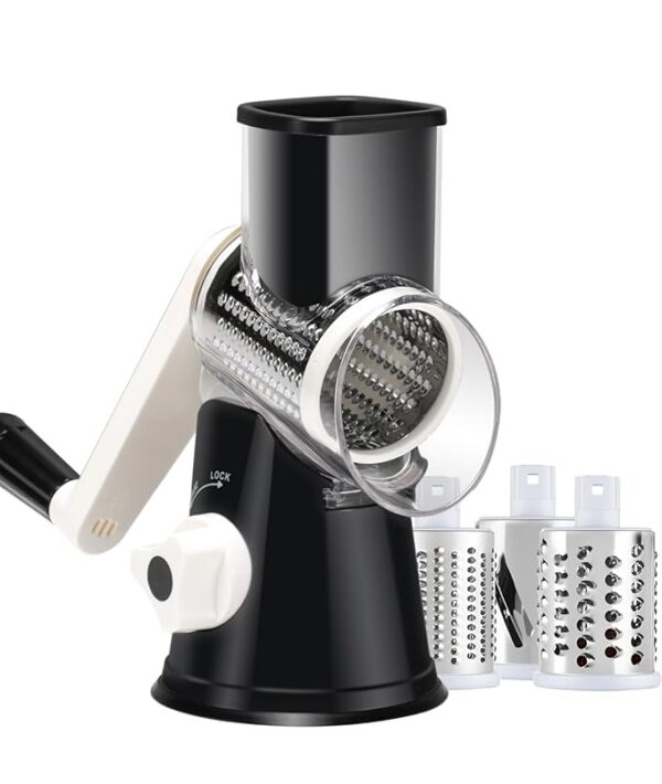 Cheese Grater Hand Crank, Rotary Vegetable Shredder with Handle and Strong Suction base, 3 in 1 Kitchen Speed Spin Veggie Slicer Nut Grinder for Pizza Top, Hash brown, Salad and More (Black)