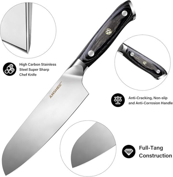 7 Inch Japanese Santoku Knife-Full Tang High Carbon Stainless Steel Professional Chef Knife, Multipurpose Kitchen Blade with Wood Handle&Sheath/Gift Box for Meat, Veggies, Fruits Home & Restaurant - Image 6