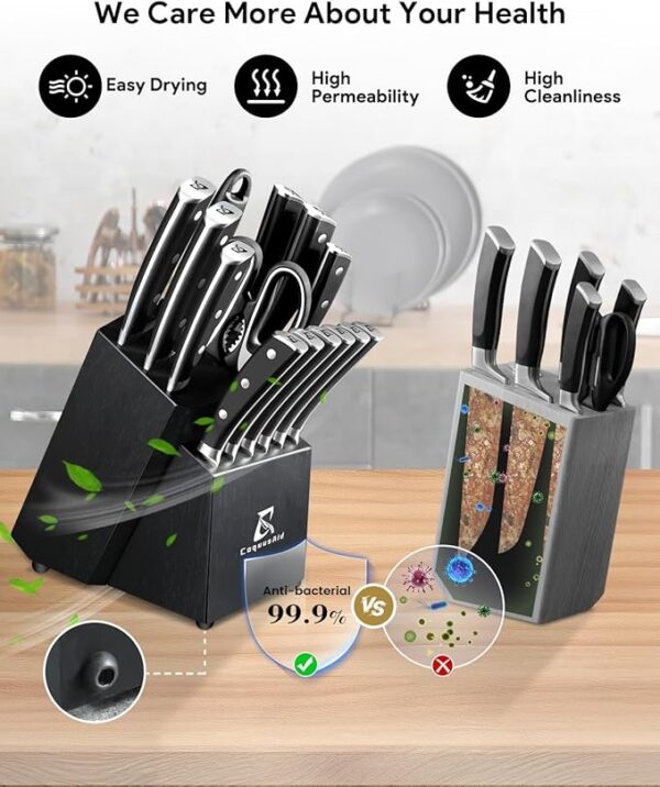 Knife Set, Kitchen Knife Block Sets with Sharpener, 6 Steak Knife Set Serrated with Block, 15 PCS Forged German Stainless Steel Rust Proof Knives, Dishwasher Safe Black, New Beveled Design - Image 3