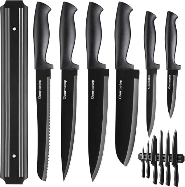Kitchen Knife Set with No Drilling Magnetic Strip for Kitchen Black Titanium Small Cooking Knives, Sharp Stainless Steel Chef Knife Set for Cutting Meat & Vegetable - Image 2