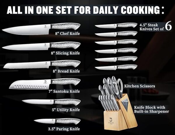 14 PCS Knife Set with Wood Block - Stainless Steel Kitchen Knife Block Set with Built in Sharpener, Dishwasher Safe, Rust Resistant, Non-Slip Ergonomic Handle - Gift for Men Women and Housewarming - Image 6