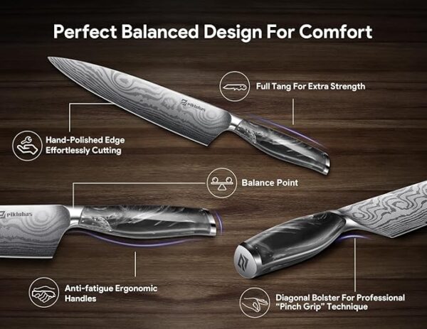 Knife Set for Kitchen 14 Pieces with Magnetic Block, German Razor Sharp High Carbon Stainless Steel Damascus Pattern, Full Tang Ergonomic Handle, Black Flowing Cloud Design - Image 5