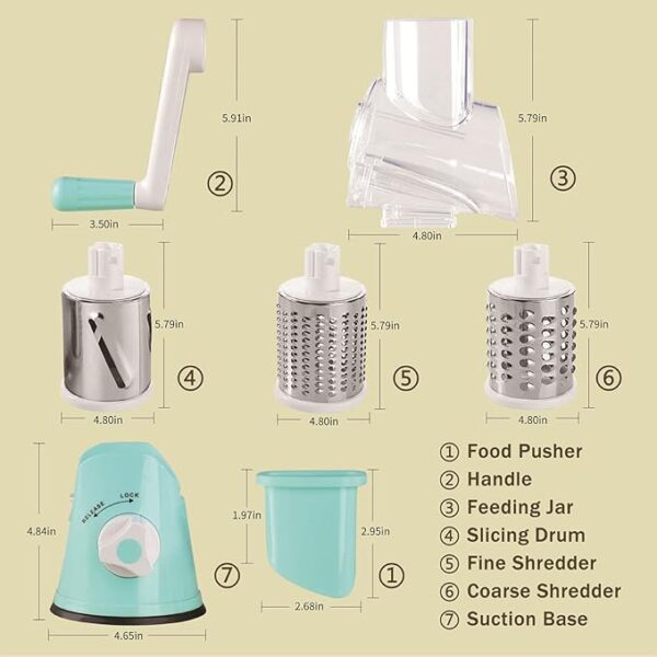 Cheese Grater Hand Crank - 3-in-1 Stainless Steel Rotary Grater & Shredder for Cheese, Vegetables, Nuts, Chocolate - Easy Crank Manual Food Grinder with Drum Slicer (Blue) - Image 6