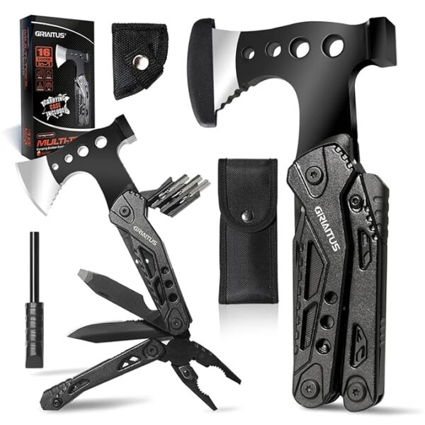 Camping Multitool Accessories Gifts for Men Dad 16 in 1 Upgraded Multi Tool Survival Gear with Axe Hammer Pliers Saw Screwdrivers Bottle Opener Whistle & Portable Sheath For Hiking,Fishing