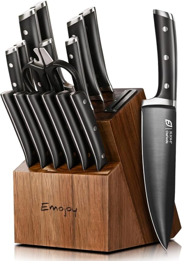 Knife Set, Emojoy 17-Piece Kitchen Knife Set with Heavy-Duty Acacia Block, Premium Titanium Stainless Steel Knife Block Set with Built-in Sharpener, Rust Proof - Image 2