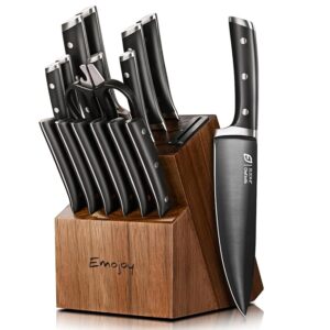 Knife Set, Emojoy 17-Piece Kitchen Knife Set with Heavy-Duty Acacia Block, Premium Titanium Stainless Steel Knife Block Set with Built-in Sharpener, Rust Proof