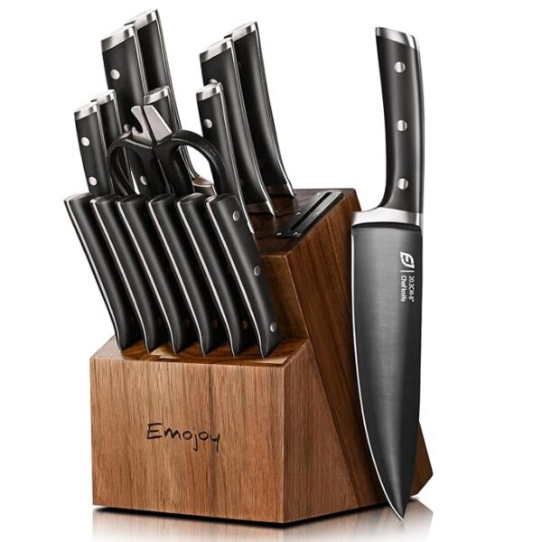Knife Set, Emojoy 17-Piece Kitchen Knife Set with Heavy-Duty Acacia Block, Premium Titanium Stainless Steel Knife Block Set with Built-in Sharpener, Rust Proof