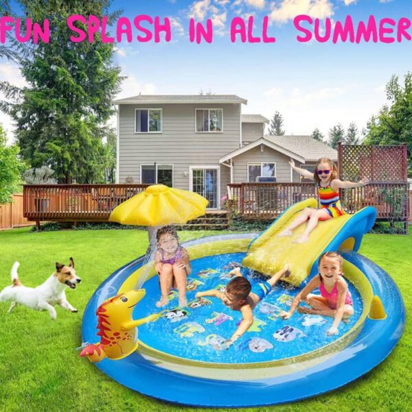 Dinosaur Inflatable Play Center, Kids Round Wading Swimming Pool with Slide, Dinosaur Sprinkle, Mushroom Shade for Kids Children Summer Outdoor Splish Splash, Garden Backyard Water Park, 87"x75"x31.5" - Image 3