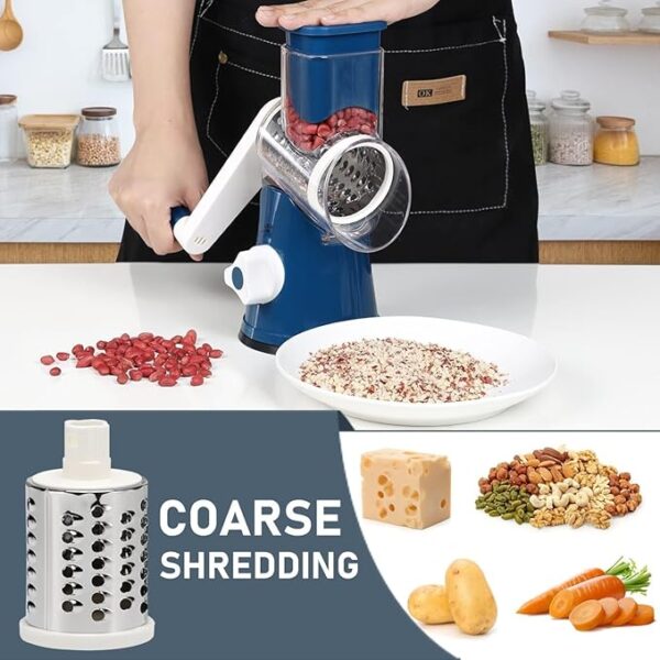 KEOUKE Rotary Cheese Grater with Handle - 3 Changeable Blades for Cheese, Vegetables, Nuts - Blue - Image 4