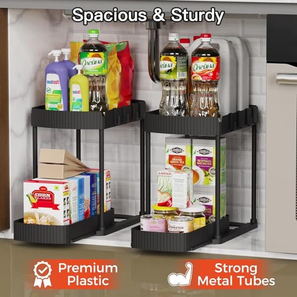 2 Pack Multi-Purpose Pull-Out Storage Organizers, Under Sink Organizers and Storage for Bathroom & Kitchen, Under Cabinet Organizers and storage, 12.8 Inch, Black - Image 4