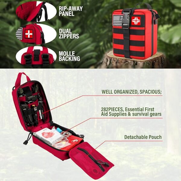 Emergency First Aid Kit - 282 Piece Premium Survival Gear Essentials Supplies for Car, Trucks, Hiking, Travel, Camping, Boating and Adventures, Waterproof Compact Molle Pouch Survival Kit - Image 3