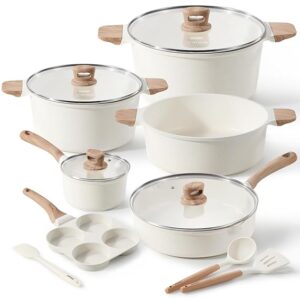 CAROTE Nonstick Pots and Pans Set, Cookware Set Induction Kitchen Cooking Set w/Stock pot & Saucepans, White Granite 13pcs