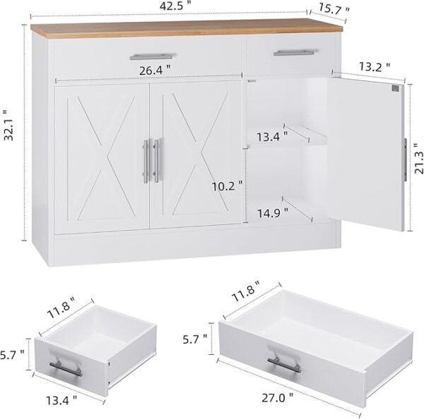 Shintenchi Modern Farmhouse Sideboard Buffet Cabinet with Storage with 3 Doors,42" Barn Doors Buffet Cabinet with Storage, Wood Coffee Bar Cabinet with Adjustable Shelf for Kitchen Living Room,White - Image 4