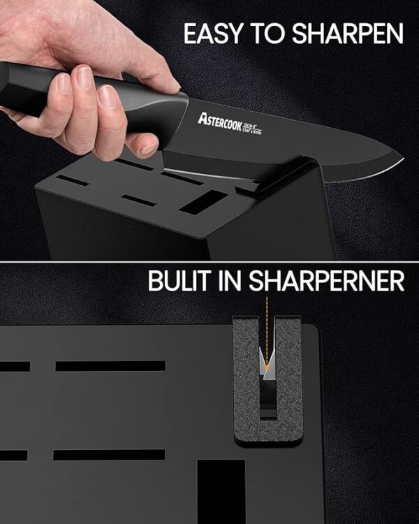 Astercook Knife Set, Kitchen Knife Set with Built-in Sharpener Block, Dishwasher Safe, 15 Pieces German Stainless Steel Knife Block Set, Black - Image 5