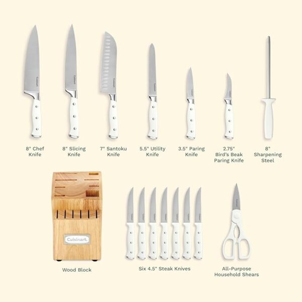 Cuisinart 15-Piece Knife Set with Block, High Carbon Stainless Steel, Forged Triple Rivet, White, C77WTR-15P - Image 6