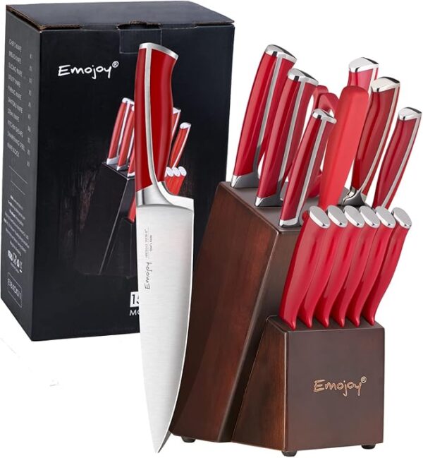 Knife Set, Emojoy 15 Piece Kitchen Knife Set with Block Wooden, German Stainless Steel Sharp Chef Knife Set with Sharpener, Dishwasher Safe and Rust Proof (kitchen knife set red) - Image 2