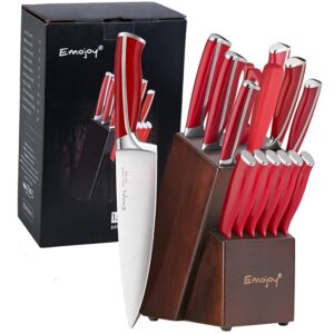Knife Set, Emojoy 15 Piece Kitchen Knife Set with Block Wooden, German Stainless Steel Sharp Chef Knife Set with Sharpener, Dishwasher Safe and Rust Proof (kitchen knife set red)