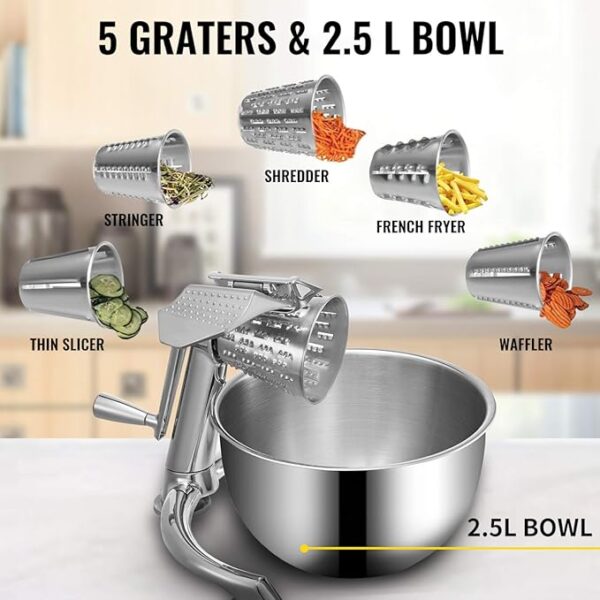 VEVOR Rotary Cheese Grater, Zinc Alloy Rotary Vegetable Mandoline, Manual Cheese Mandoline w/ 5 Stainless Steel Cutting Cones, Manual Vegetable Grater w/ 2.5L Bowl, Rotary Shredder w/Suction Base - Image 4