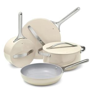 Caraway Nonstick Ceramic Cookware Set (12 Piece) Pots, Pans, 3 Lids and Kitchen Storage - Non Toxic - Oven Safe & Compatible with All Stovetops - Cream