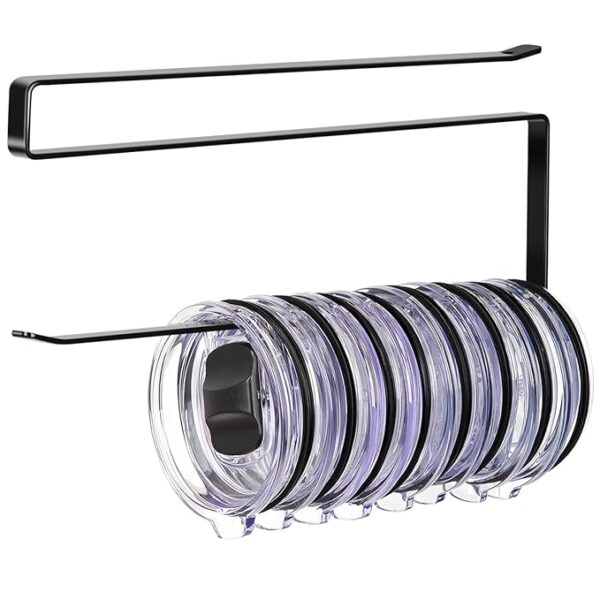 Tumbler Lid Organizer, Horizontal Tumbler Lid Storage Hook Up to 10 Lids, Space Saving Cup Lid Holders Under Cabinet Tumbler Lid Hook for Kitchen Organizer and Storage, Paper Towel Rack Hanger (White)
