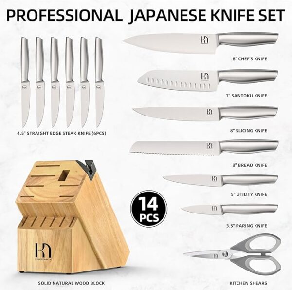 Knife Set, Premium Knife Block Set for Kitchen 14 Pcs UltraSharp Japanese High Carbon Stainless Steel with Block and Built-in Sharpener, Kitchen Knives Set with Non-serrated Steak Knives - Image 6