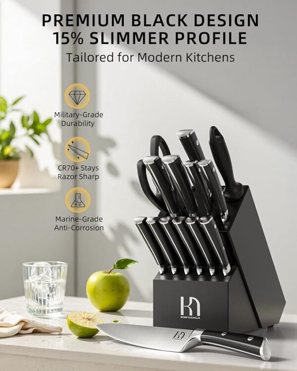 2025 Knife Set 15 Pcs Japanese High Carbon Stainless Steel Kitchen Knife Sets with Block & Sharpener, Premium Razor-Sharp Black Knives Block Set for Kitchen, Ergonomic Full-Tang Handle - Image 3