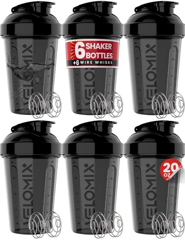 -6 PACK- Shaker Cups for Protein Shakes 20 oz - 6x Wire Whisk | Leak Proof Protein Shaker Bottle for Protein Shakes, Shaker Bottle Pack for Pre & Post Workout, Shaker Cup