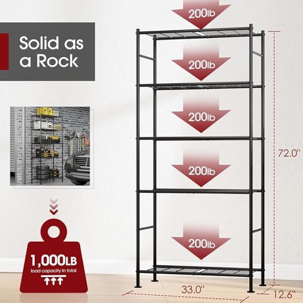 Storage Shelves - 5 Tier Shelf Organizer, Heavy Duty Garage Shelving Unit with Leveling Feet, Stable Metal Shelves Organizer for Pantry, Kitchen and Closet, 33.0" W x 12.6" D x 72.0" H, Black - Image 3