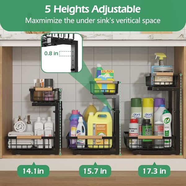 ADRIMER Under Sink Organizer 2 Packs, Pull Out Kitchen Sink Organizer, 2 Tier Slide Out Kitchen Organizers and Storage Bathroom Under Cabinet Storage Shelf, Black - Image 4