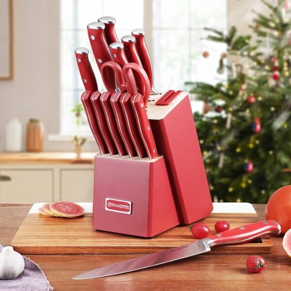 Red Knife Set, 15-Piece Knife Block Set with Built-in Sharpener Scissors for Kitchen, Dishwasher Safe Knives set Ideal Present for Family & Restaurant - Image 5