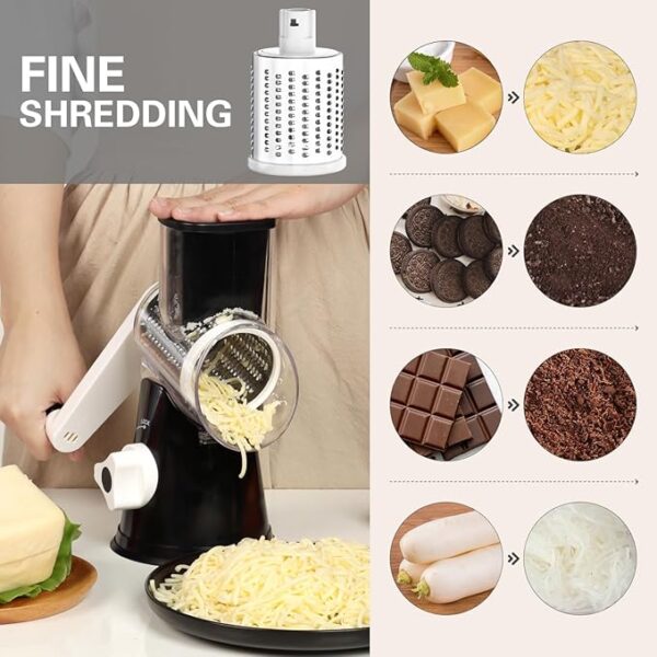 Cambom Rotary Cheese Grater Hand Crank Cheese Shredder for Fresh Cheese, Vegetable, Nuts,Non-slip Suction Base, Free Cleaning Brush Three Blades, Black - Image 5