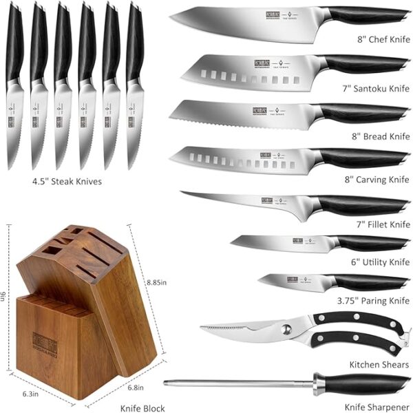 16-Piece Kitchen Knife Set with Block, Powder Steel High Carbon Steel Knife Block Set, Ultra Sharp Professional Chef Knife Set with Sharpener - Image 5